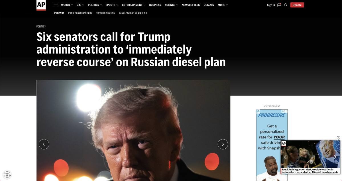 The live AP article page on desktop, the floating player overlapping the skyscraper ad