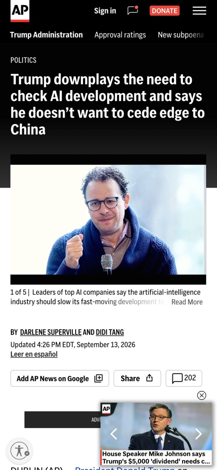 The existing AP article page on mobile, the player floating over the byline
